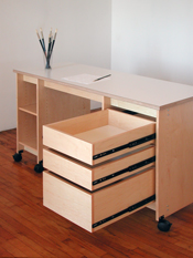 Artist Desk has drawers & shelves for making art & storing art.