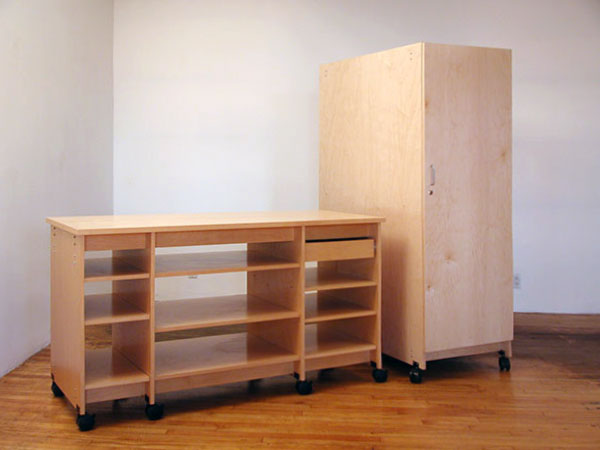 Art Storage Desk System and tall locking art storage cabinet.