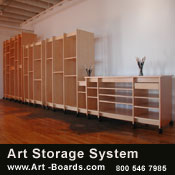 Painting storage rack for storing artist paintings on canvas stretchers and art panels.