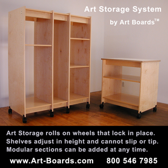Art Boards Art Storage System for archival storing of art and art making supplies. Art Storage is made in stock and custom sizes for artist studios, art studio classrooms, art museums, libraries, and more.