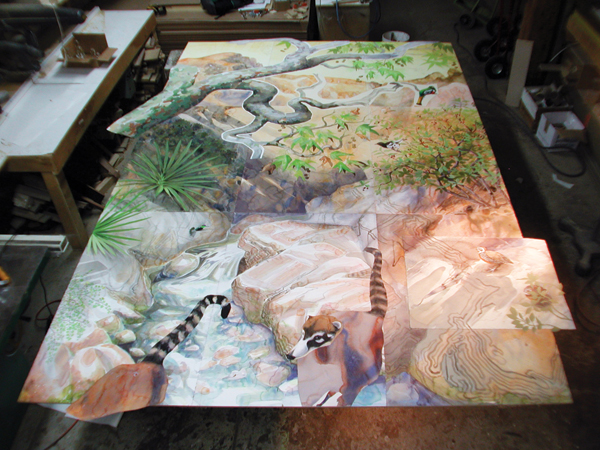 Archival mounting of large painitng mounted on panel painted by artist David Tomb titled "Border Troup".  The painting on paper was archivally mounted onto panel by Art Boards Archival Art Supply it is 96" wide x 132" tall.