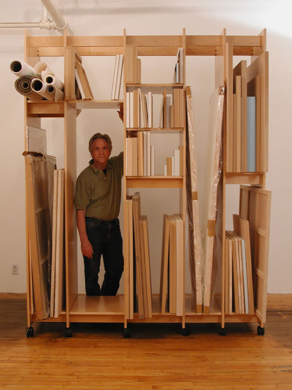 Art Boards Art Storage System is a Mobile Painting Rack with locking wheels and adjustable shelves for storing artist paintings safely. 