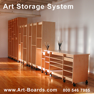 Art Storage System is for storing art; paintings, drawings, prints, art books, sculpture, and more. Made by Art Boards in Brooklyn New York.
