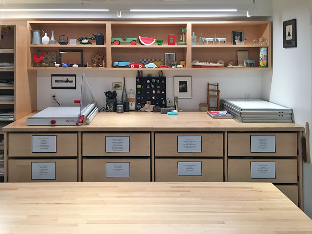Art Studio Furniture in the Printmaking Classroom, for teaching art, making  art, storing art, and storing art supplies.