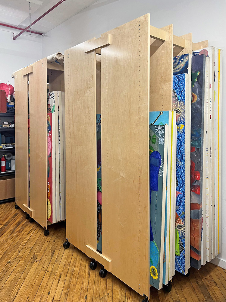 2 Art Storage Systems connect securely together to form one extra deep mobile Art Storage System for safe accessible storage for large artists paintings.